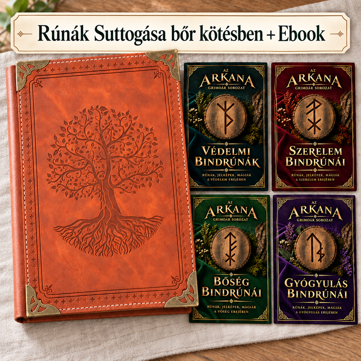 A rúnák suttogása bőrkötésben + 4 bindrúnás ebook - könyvcsomag